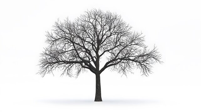 The Majesty of Winter's Embrace: A solitary tree, stripped bare by winter, stands in stark silhouette against a white backdrop. Its intricate branches reach towards the heavens, a testament to nature'