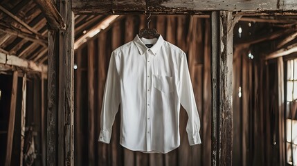 Naklejka premium Rustic Simplicity: A crisp white shirt hangs against a weathered barn wall, a study in texture and light. 