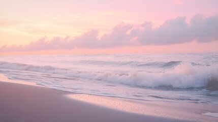 Pastel Sunrise Serenity: Gentle waves lap at the shore as the sky erupts in soft hues of pink and orange, creating a tranquil and ethereal coastal scene. 