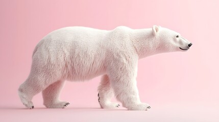 Fototapeta premium Arctic Majesty on Pink: A majestic polar bear strides confidently against a vibrant pink backdrop, its pristine white fur contrasting beautifully with the playful background. 