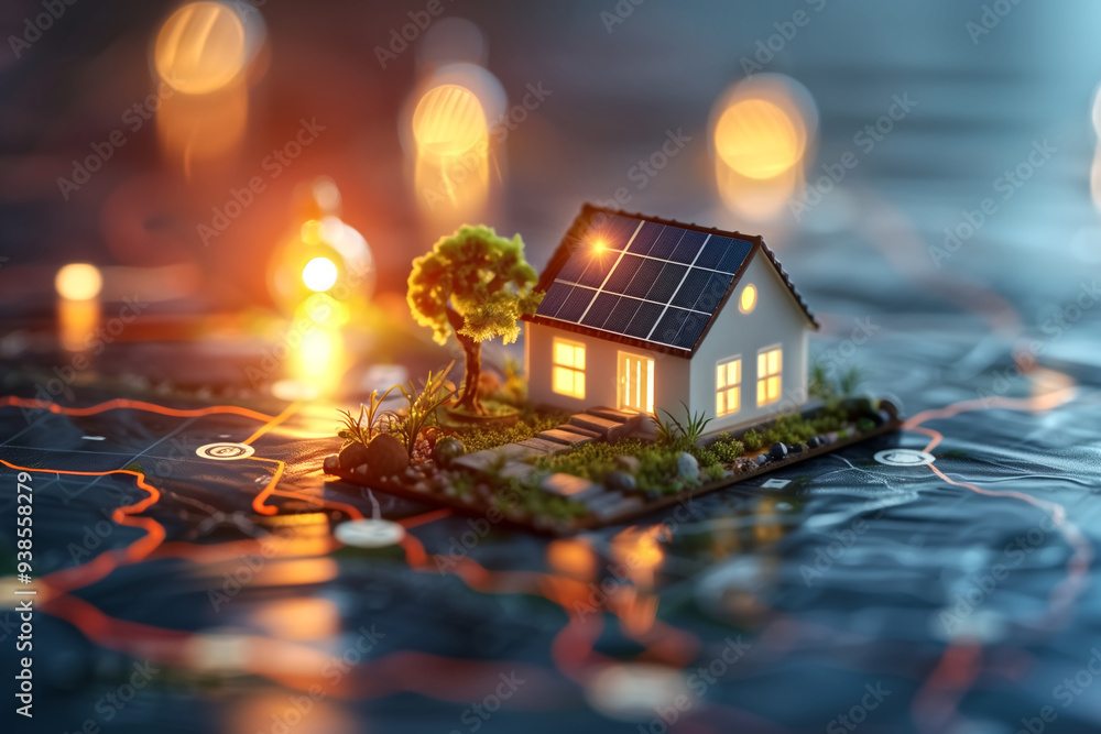Poster miniature model house with solar panels on a map with glowing lights representing connectivity and m