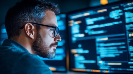 Cyber Criminal Breaching Data Privacy in Dark Room - Hacking Stolen Credit Card Info on Screens with Ominous Green and Blue Lighting