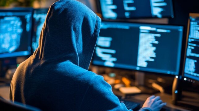 Dark Web Hacker in Hoodie Scrolling Stolen Credit Card Data with Monitors Showing Breached Info - Cybersecurity Threat Concept