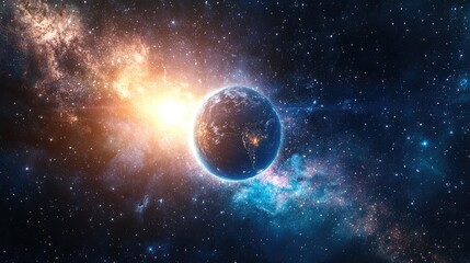 Obraz premium Earth illuminated by the sun, set against a star-filled galaxy in the infinite universe