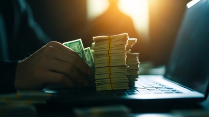 Dark Room Money Laundering Operation - Person Counting Cash with Offshore Accounts on Laptop, Financial Fraud Concept with Shadows