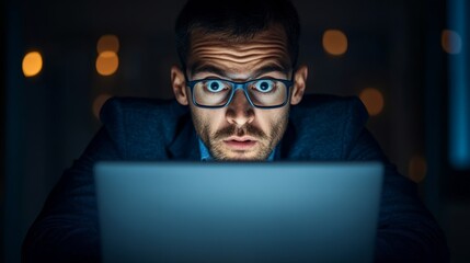 Tension in the Shadows: Businessperson Watching Fraudulent Transactions on Laptop in Dimly Lit Office