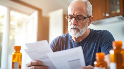 Fototapeta premium Serene Middle-Aged Man Reviewing Health Insurance at Home in Warm Ambient Light - Focus on Long-Term Care and Security