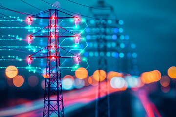High Voltage Power Lines with Digital Overlay Representing Modern Smart Grid Technology at Night