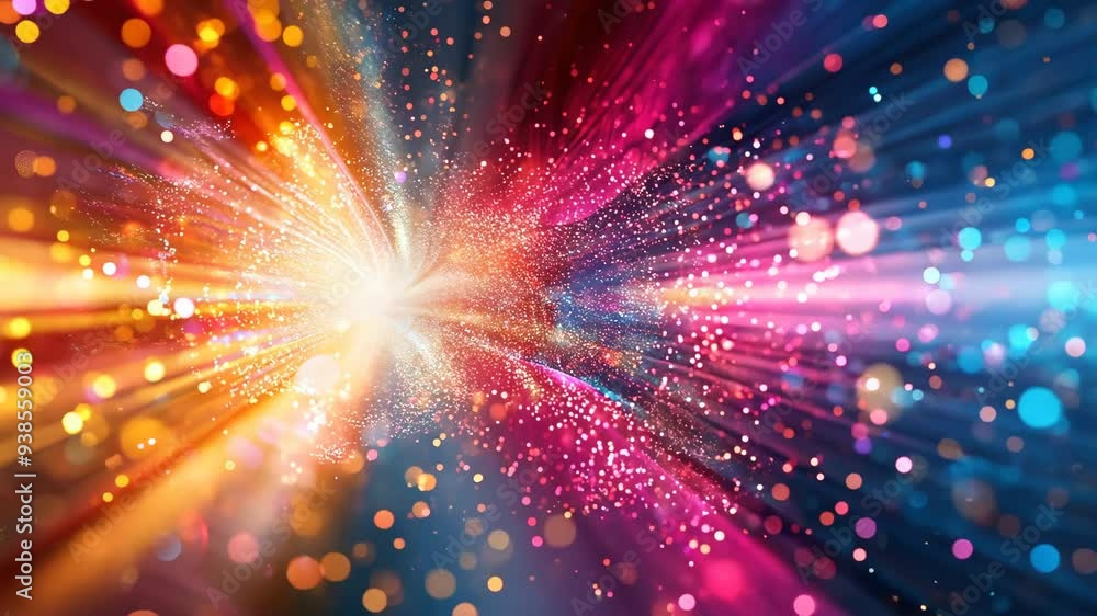 Poster vibrant burst of colorful lights and sparkling particles, creating a dynamic and energetic abstract 