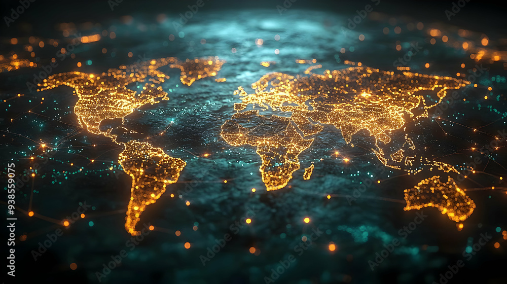 Poster illuminated world map with connected lines.