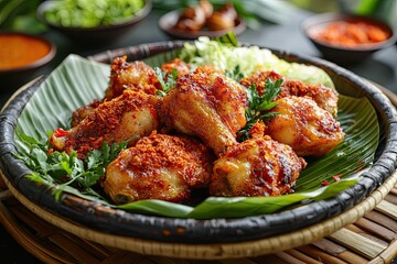 Fototapeta premium Ayam Tangkap, spices fried chicken original from Aceh, Indonesia. served with leaves such as temurui or curry leaves, pandan leaves and green chili, that are roughly chopped and fried crispy.