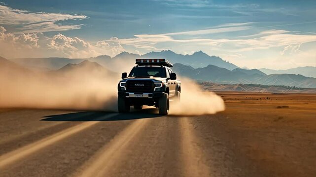 A truck speeding across a wide, open plain with dust trailing behind, heading towards distant mountains under a vast, clear sky, capturing the freedom of off-road travel.