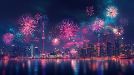 Festive Night Sky with Bright Colorful Fireworks Over City Skyline for Joyful New Year’s Eve Parties and Event Promotions