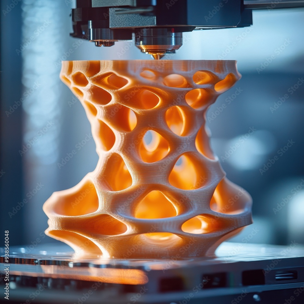 Poster 3d printing technology - close up of a 3d printed object being created.
