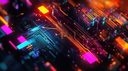 Obraz premium Abstract Circuit Board with Glowing Neon Lights - Futuristic Technology Background.