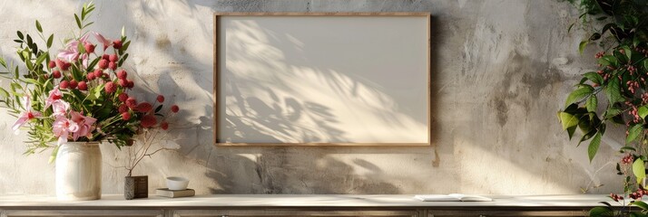 Spring Mockup of an Empty Frame on a Wall with a Bouquet of Garden Flowers on a Table