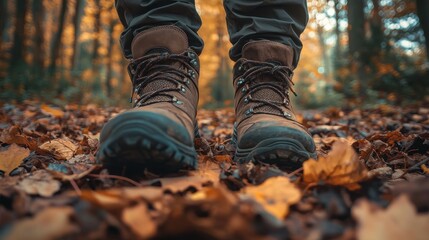 Close Up of Hiking Boots on Autumn Leaves.