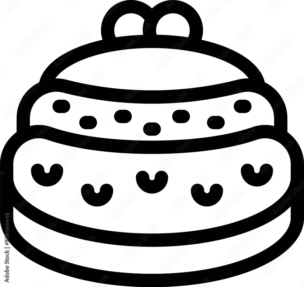 Poster line art icon of a three layered cake with frosting and sprinkles, perfect for projects related to b