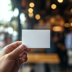 Hand Holding Blank Business Card Mockup with Blurred Background.