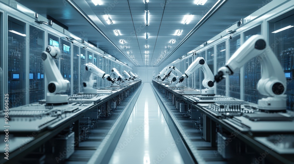 Aufkleber futuristic factory production line with robotic arms and advanced automation technology.