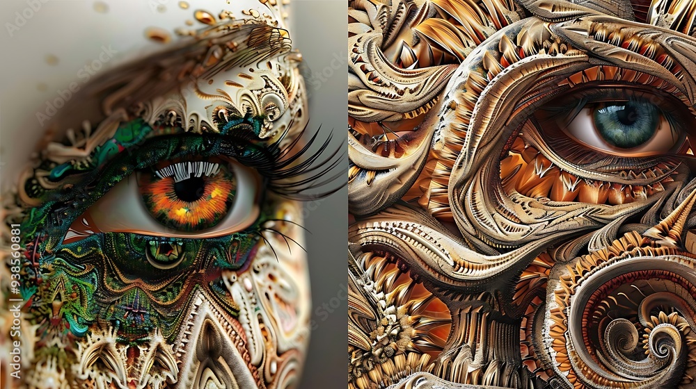 Poster a visually striking image featuring intricate eye designs with vibrant colors and elaborate patterns