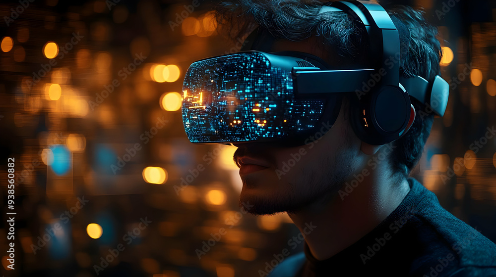 Aufkleber man wearing vr headset with a digital display in a futuristic setting.