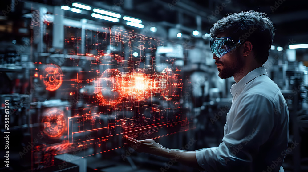 Aufkleber man with futuristic glasses interacting with a digital interface.