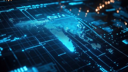 Futuristic Digital World Map with Blue Glow and Grid Pattern.