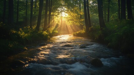 Fototapeta premium Sunbeams Illuminating a Tranquil Stream in a Lush Forest.