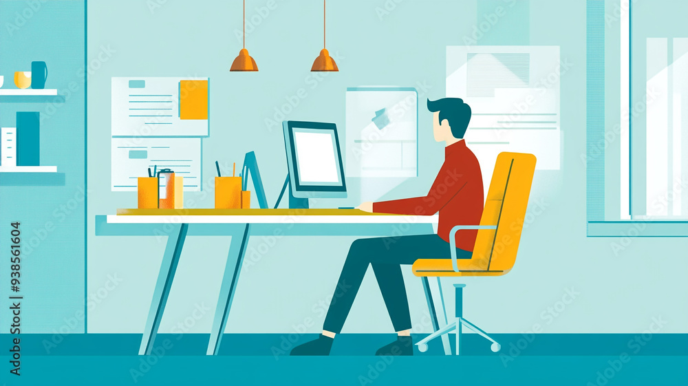 Poster a modern workspace with a focused individual working at a computer in a well-lit office setting duri