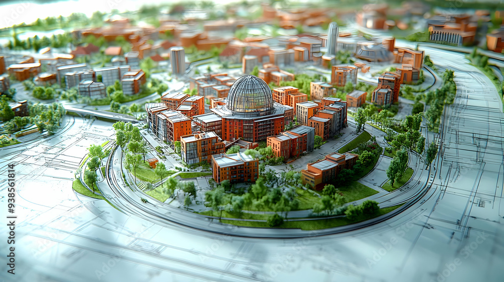 Poster miniature model of a city with a domed building in the center, surrounded by trees and roads, on a b