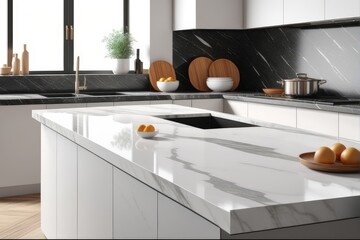 Close-up Marble granite kitchen counter island for product display on modern bright and clean kitchen space. 3d rendering, 3d illustration