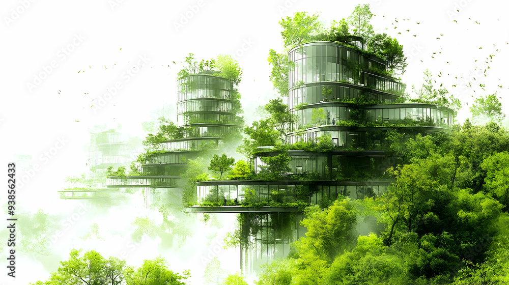 Poster Modern architecture building with green foliage and trees in a foggy background.