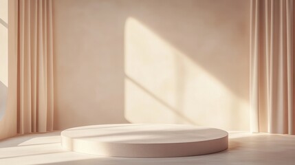 Minimalist Beige Product Display Mockup with Round Pedestal and Drapes