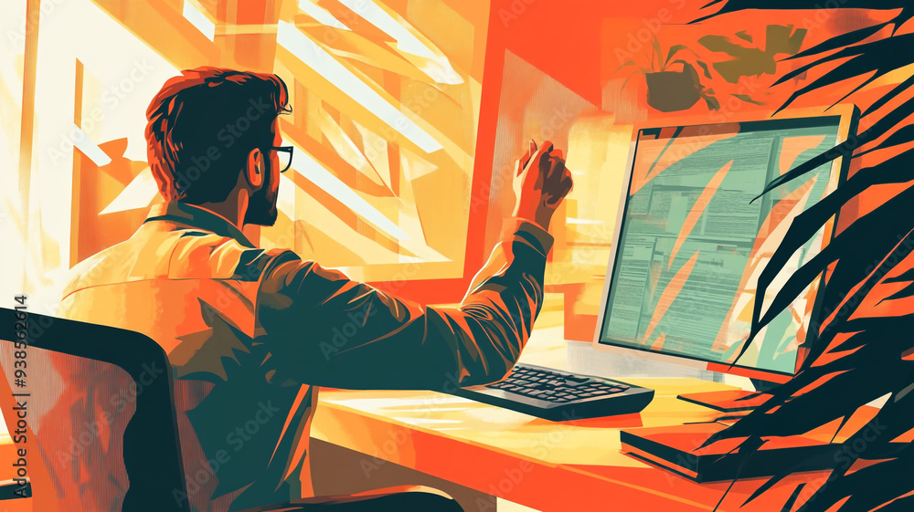 Poster a creative professional interacts with a computer screen in a sunlit workspace filled with greenery 