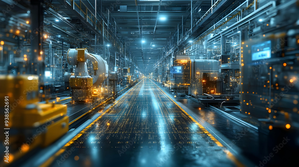 Poster modern automated factory with robotic arms and glowing lines.