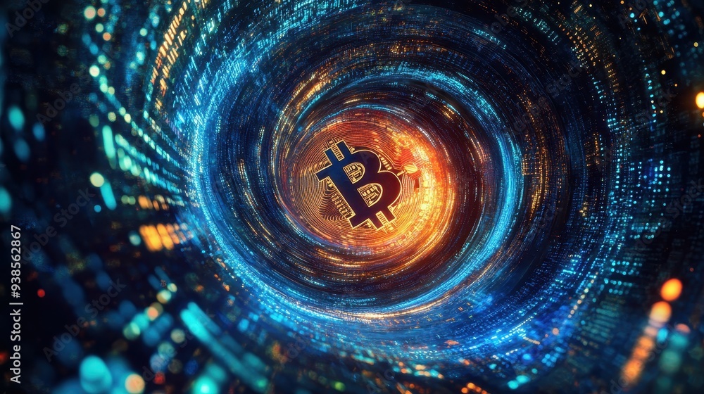 Poster abstract bitcoin symbol in a digital vortex of light and data.