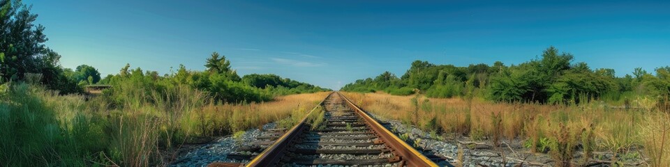 Fototapeta premium Abandoned railway tracks featuring a yellow safety line surrounded by vibrant greenery under a clear blue sky.