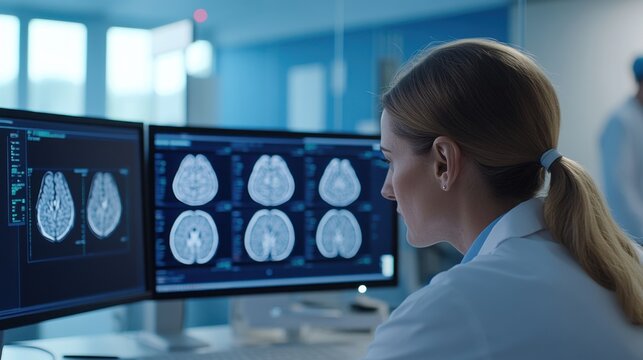 A medical professional analyzing brain scans on dual monitors in a modern healthcare facility.