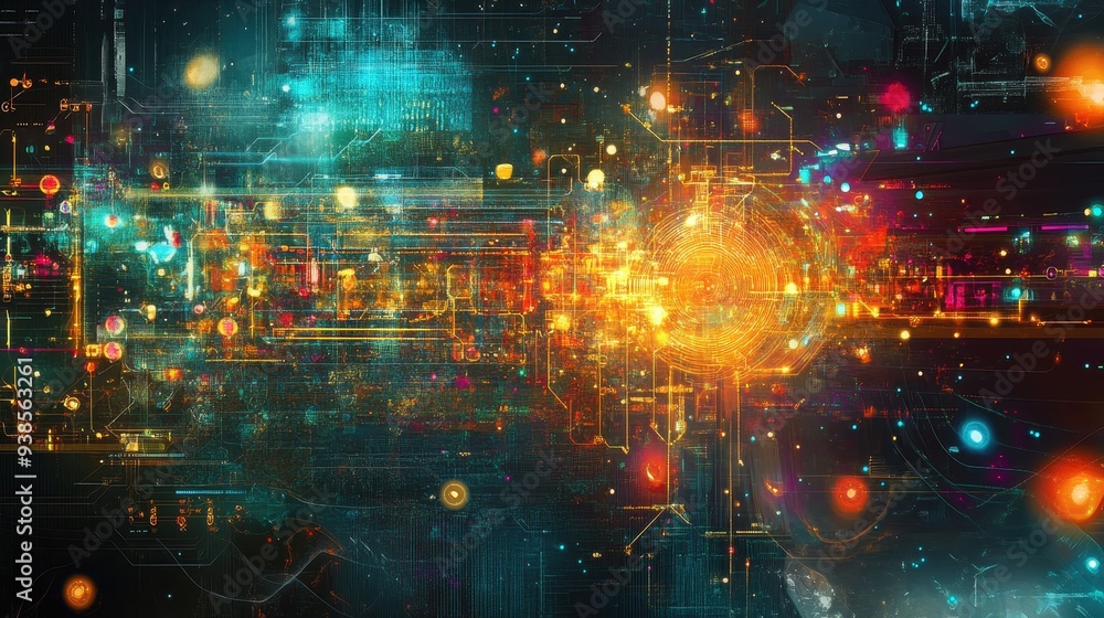 Aufkleber abstract digital network with glowing lights and circuits - futuristic technology background.