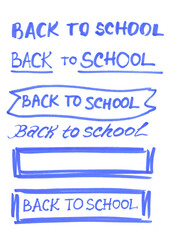 Back to school, hand-drawn elements with a blue felt-tip pen on a white background. Illustration with a marker, graphic creative drawing in doodle style