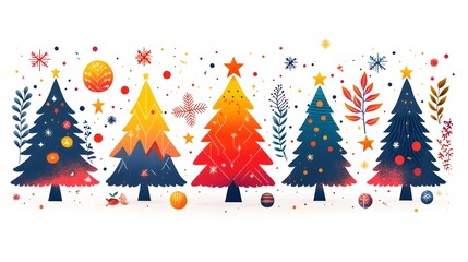 Colorful flat cartoon Christmas tree for New Year 2025, with a geometric design, stars, and abstract vector elements on a bright white background.