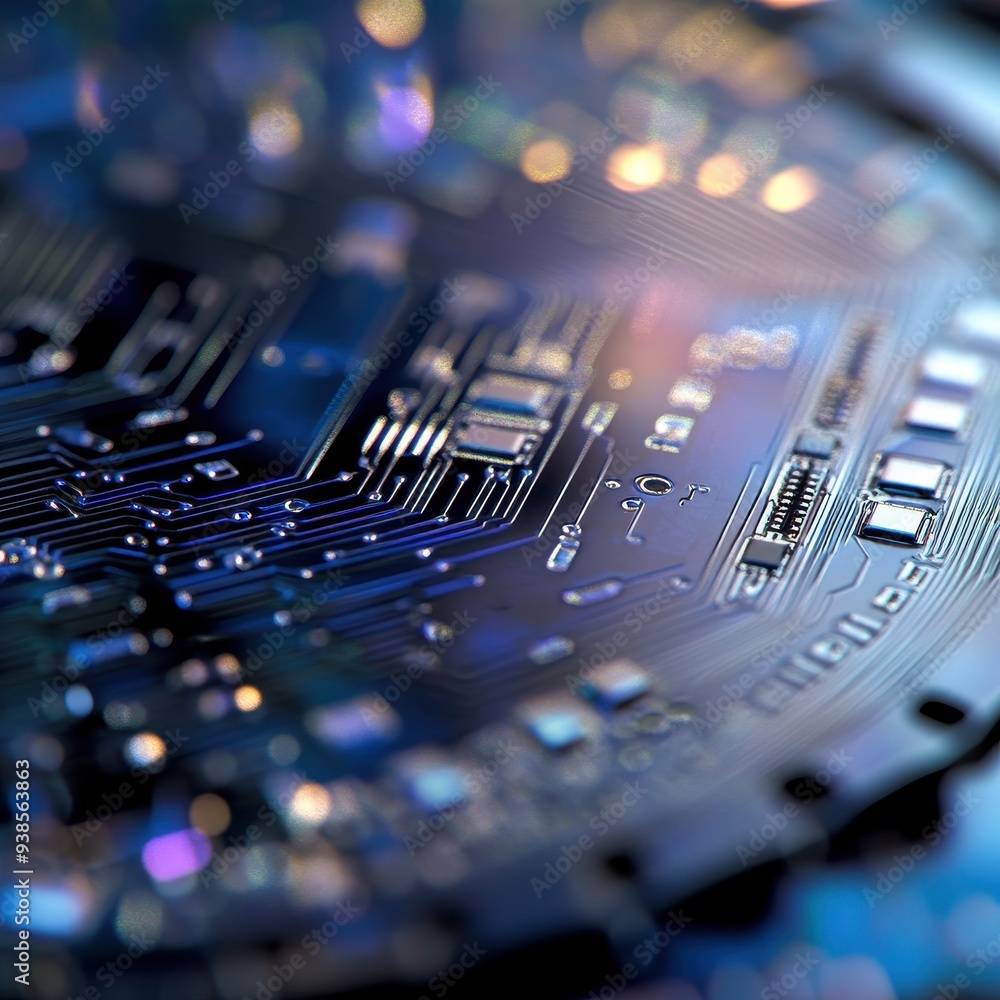 Poster abstract closeup of circuit board with bokeh lights - technology background