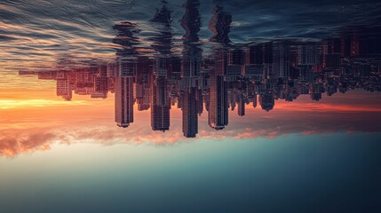 Upside Down City Skyline Reflected In Water at Sunset