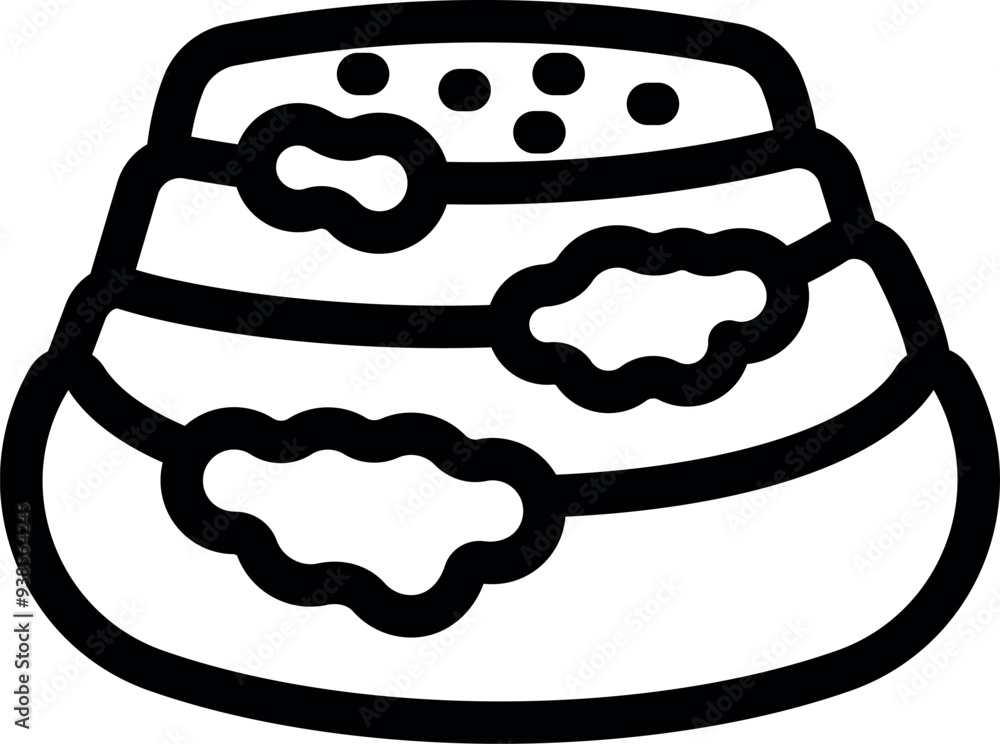 Poster simple line art vector icon of a layered dessert with topping and decorative clouds of cream