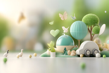 3D illustration featuring eco-friendly elements, representing a harmonious and sustainable world.