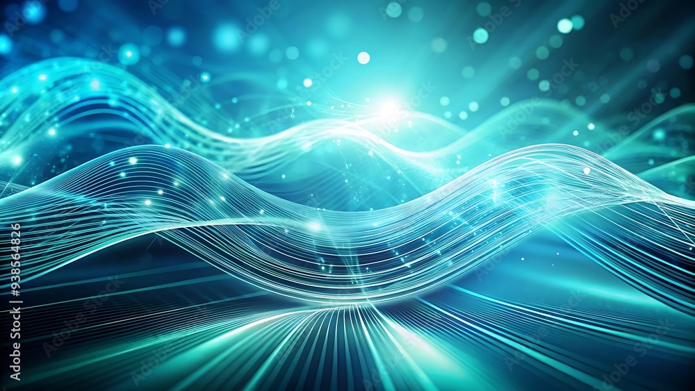 Poster abstract blue and green background with glowing lines and bokeh.