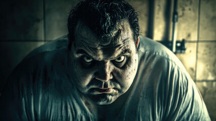 Sinister Man with Intense Stare in Dimly Lit, Grungy Room