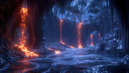Lava Falls in a Mystical Forest