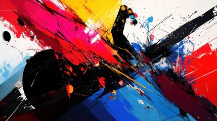 Abstract Art Painting with Red, Blue, Yellow, Black, and White Paint Splashes and Strokes